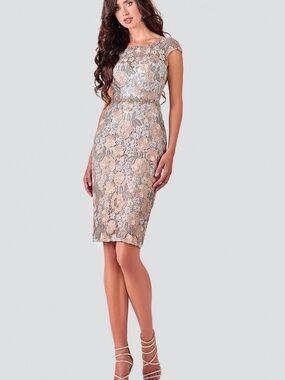 Terani Couture Floral Lace Midi Dress in Blush and Silver